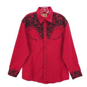SCULLY Western Shirt Snap Red Black Embroidered Men's MEDIUM
